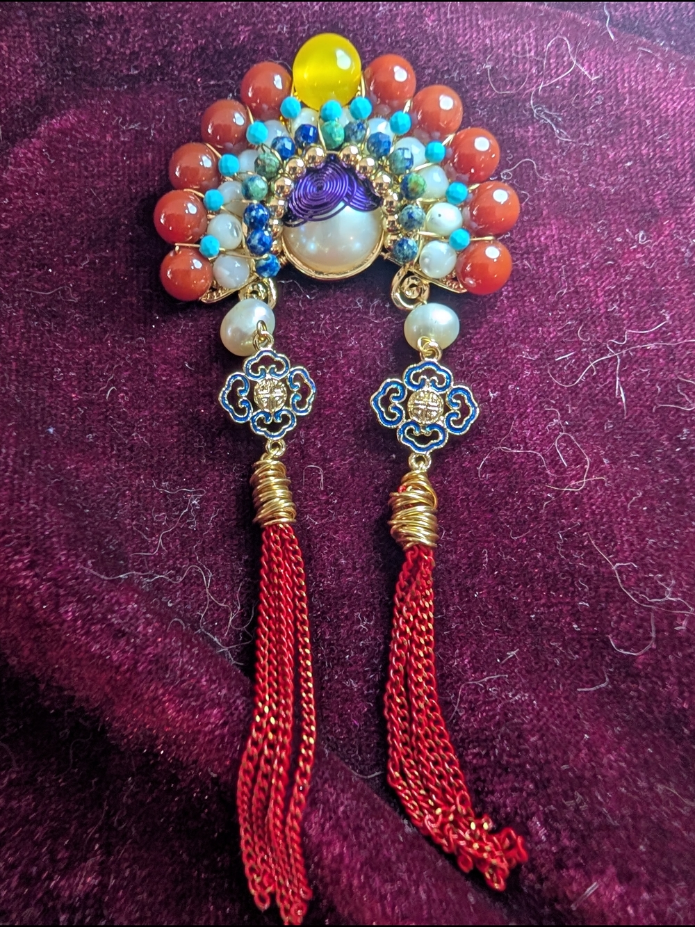 Red Tassel Bead Chinese Opera Brooch/Pendant with Freshwater Pearls